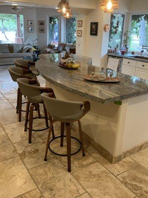 Custom Travertine flooring and Quartzsite countertops.