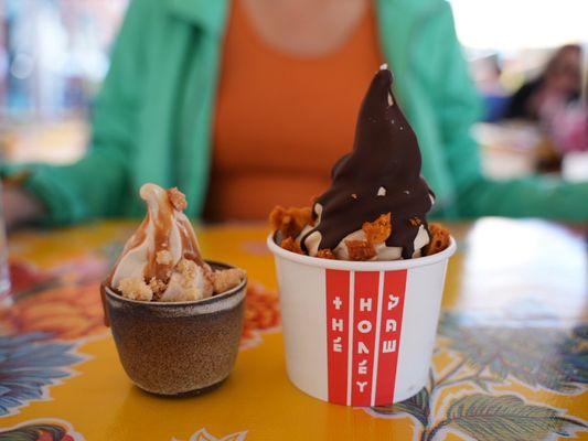 Honey Comb Soft Serve (with chocolate shell, sea salt and honeycomb) + sample of the Moxie Soft Serve (with rum caramel and cookie crumble)