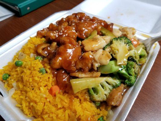 Two entree plate w/ Sesame Chicken, Chicken and Broccoli, and Fried Rice