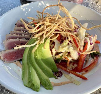 Delicious seared ahi salad with fresh avocado, and seaweed salad!