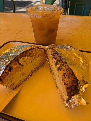 Everything bagel with jalapeno cream cheese and cold brew