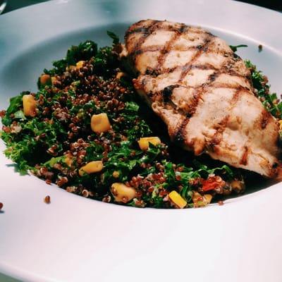 grilled chicken breast on quinoa salad