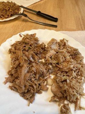 Combination fried rice and chicken pad Thai