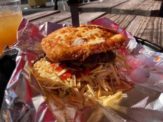 This is the Cheese Burger.  Fried cheese on top and bottom.  I had it with ground beef.  If you like fried food this is for you.