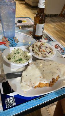 Chicken fried chicken, rice w/cilantro, and cole slaw.