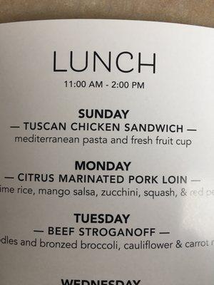 Menu showing what Sunday lunch is- sounds pretty good?