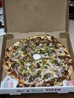 #12 - Tommy's Special Pizza 14" with added jalapeños and pineapple for the haters.