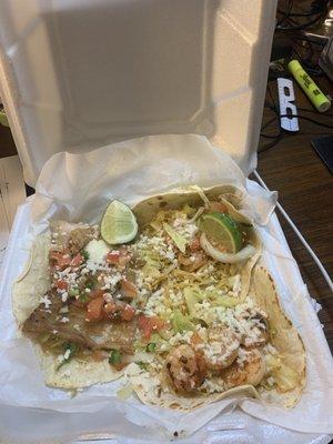 Mix and Math Tacos- 1 fish and 2 Siratcha  Shrimp!