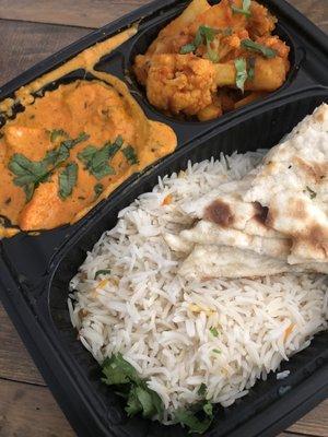 Lunch special - aloo gobi (cauliflower + potatoes) and chicken tikka masala (spicy)