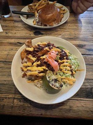 Chicken katsu bowl and blue cheese mushroom burger.