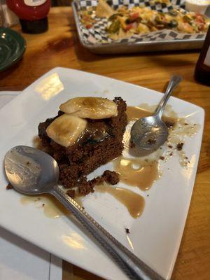 Excellent dessert chocolate cornbread with banana and peanut butter sauce.