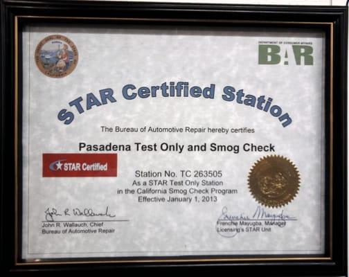 We are Star Certified smog check Station.