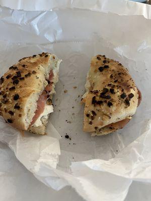 Toasted everything bagel with scallion cream cheese and lox