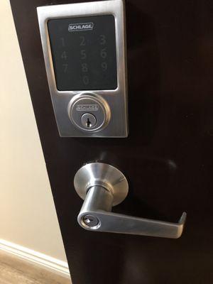 New digital lock and handle from the outside. Lookin' pretty.