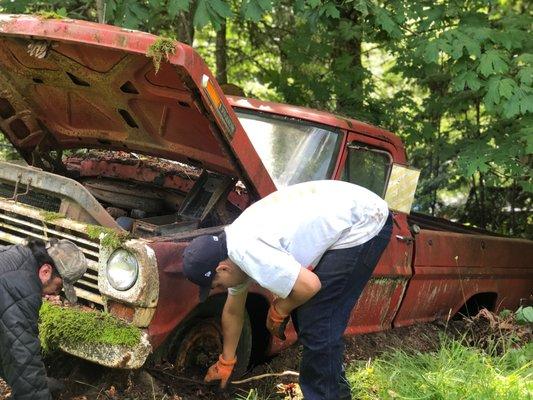 Rusty truck pulled out of ditch, our drivers have many years of experience!