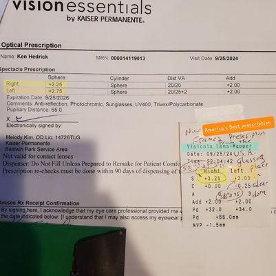 Kaiser put my America's Best glasses in their Visionix Mapper to see what prescription it was, and the right lens was 3.25