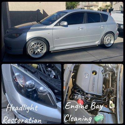 Mazda 3/Basic Wash/Headlight Restoration/ Engine Bay Cleaning