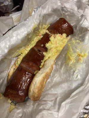 Polish sausage add mustard and slaw