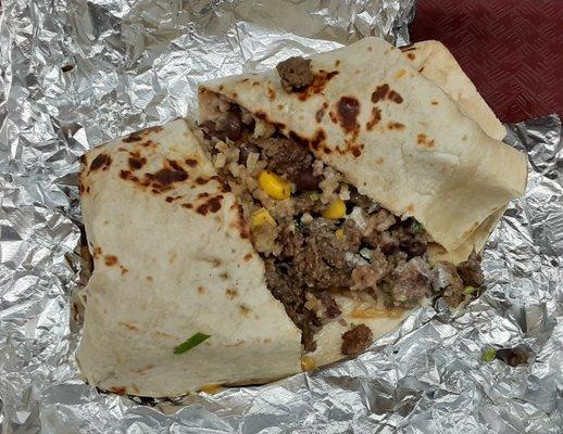 Beef, bean and rice burrito.