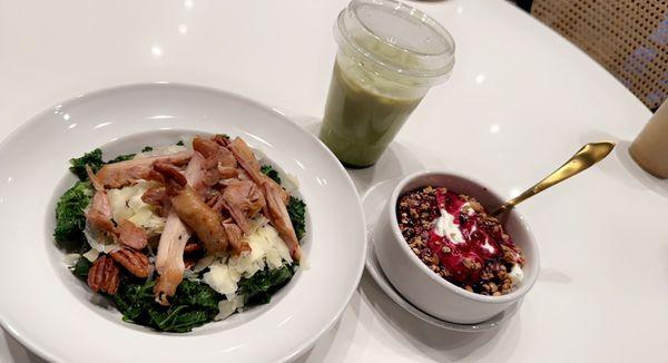 Iced matcha latte, chia seed parfait, kale salad w/chicken