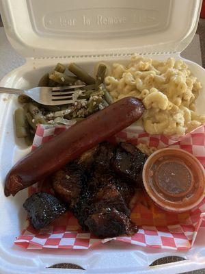 Pork belly burnt ends, hot link, mac and cheese and garlicky green beans.