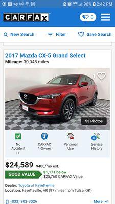 2017 Mazda CX-5 sold at Toyota of Fayetteville, listed at $24,589 on Carfax site.