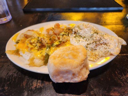 Shrimp and grits, this is the fluffiest biscuit I've ever consumed