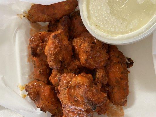 Hot wings are big and meaty.