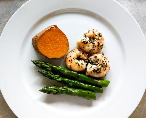 Shrimp, asparagus, sweet potato