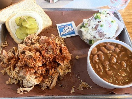 Pulled Chicken Plate with potato salad and ranch beans.