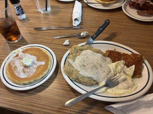 Country fried steak and eggs.