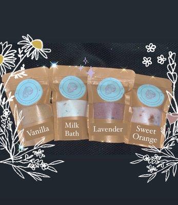 Handmade Bath Salt Soaks with essential oils, dried herbs & flowers for a relaxing bath that soothes muscle aches & pains