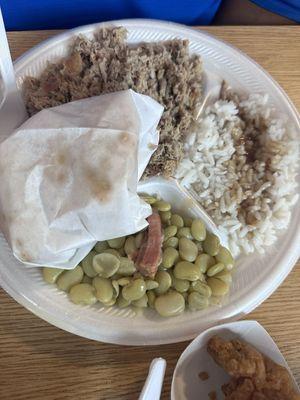 Bbq plate with rice and gravy and butter beans!