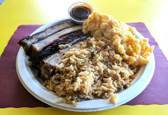 Ribs, mac and cheese, and some dirty rice.