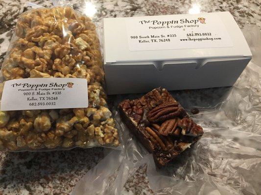 Caramel popcorn and pecan fudge