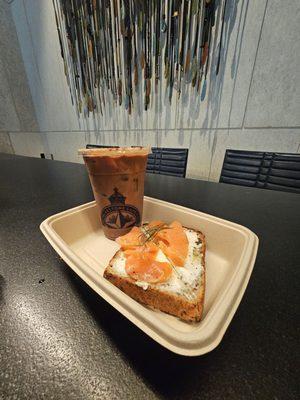 iced mocha $5.90 salmon toast $9.95