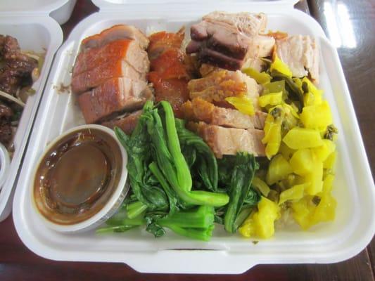 Roast duck and roast pig with rice. Comes with green veggies, pickled mustard greens, and dipping sauce.