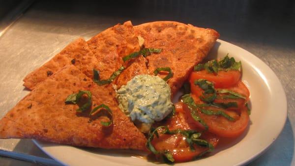 Sundried Tomato & Chicken Quesadilla with Pesto Sour Cream and fresh Caprese style Tomatoes