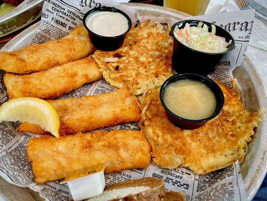 Cod fish fry with potato cakes