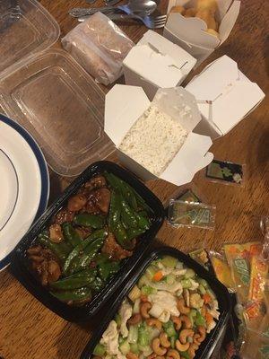 Beef with pea pods , Cashew chicken, egg rolls , chicken tenders and beef fried rice