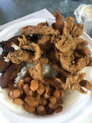 Fried chicken chunks, white rice, red beans and plantains. so good!