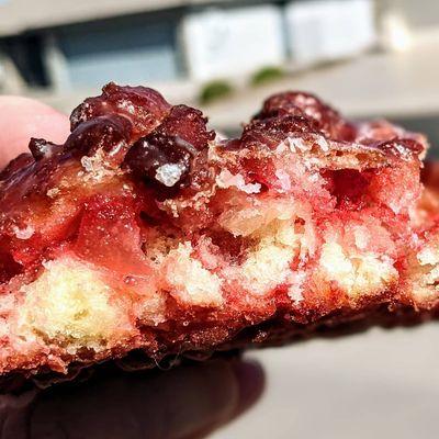 Delicious cherry fritter.  Look at those cherries!