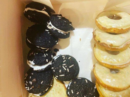 Chocolate whoopie cookies and funfetti cake donuts