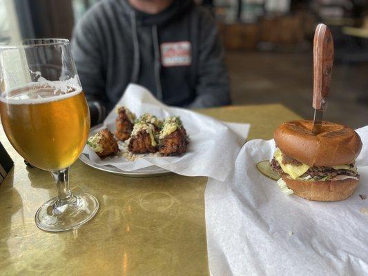 Deluxe double smash burger with shallot jam & butternut squash fritters  So good!