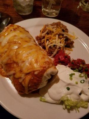 Chili rubbed chicken burrito with enchilada sauce