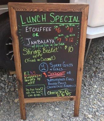 Menu sign from Gayle's food truck. Changes daily.