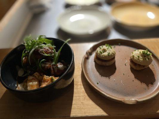 Deviled eggs toast, hot honey chicken w/kimchi