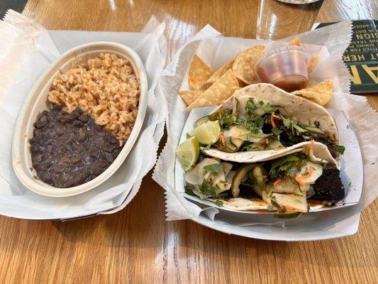 Pork Belly Tacos, Bahn Mi style with a side of rice and Side Rice & Beans