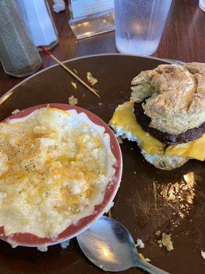 Cheese, grits, sausage, egg, and cheese biscuit