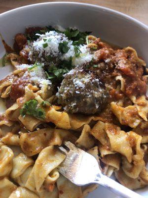 From scratch pasta with meatballs and vegetable sauce